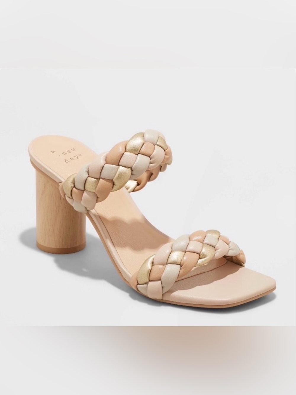 Braided Two-Strap Heeled Sandal in Nude/Gold